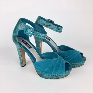 WHBM Mackinley Teal Pleated Suede Snake Embossed Platform Heels 9.5